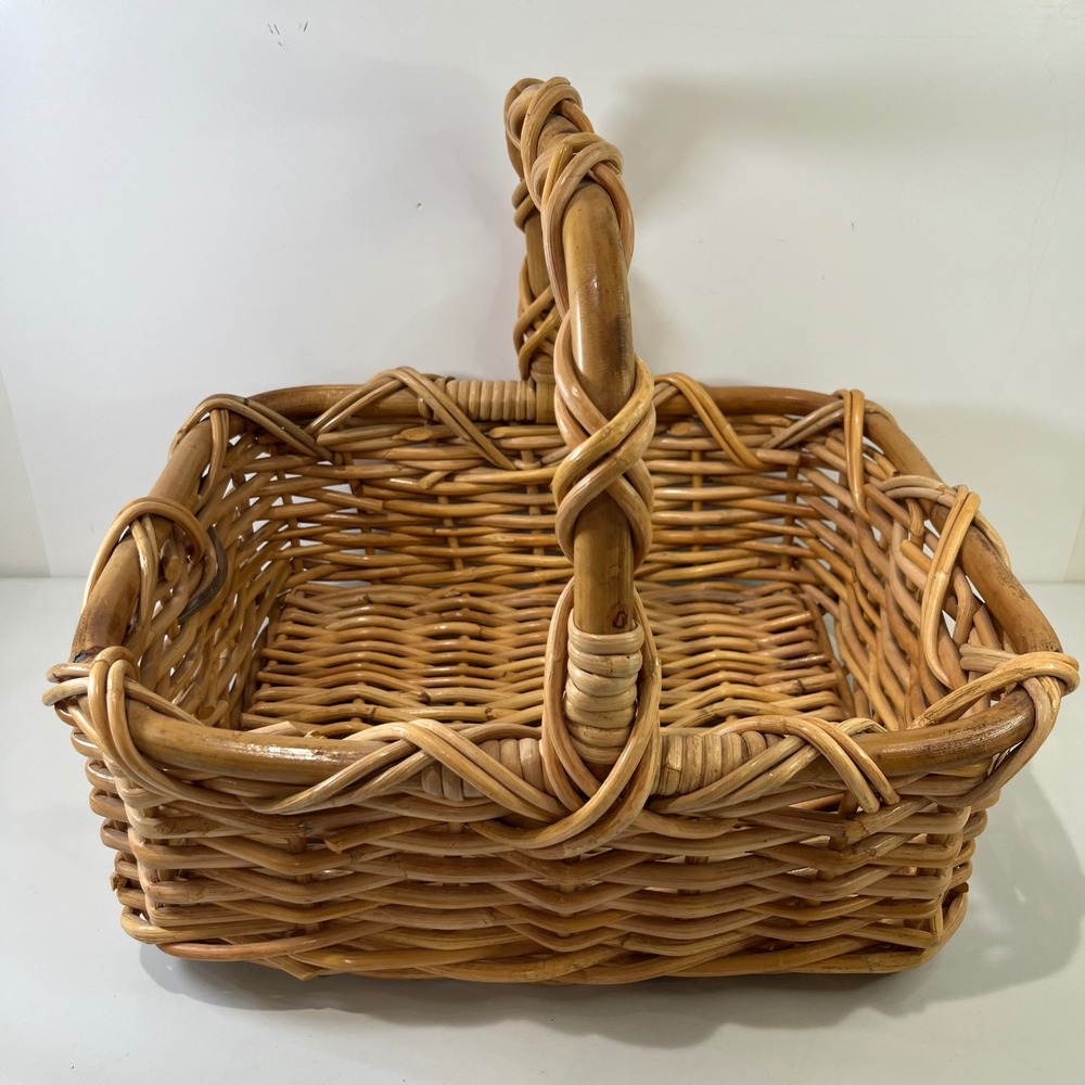 Vintage Wicker Rattan Basket Large Rectangular Twisted Handle Boho Decor Cottage